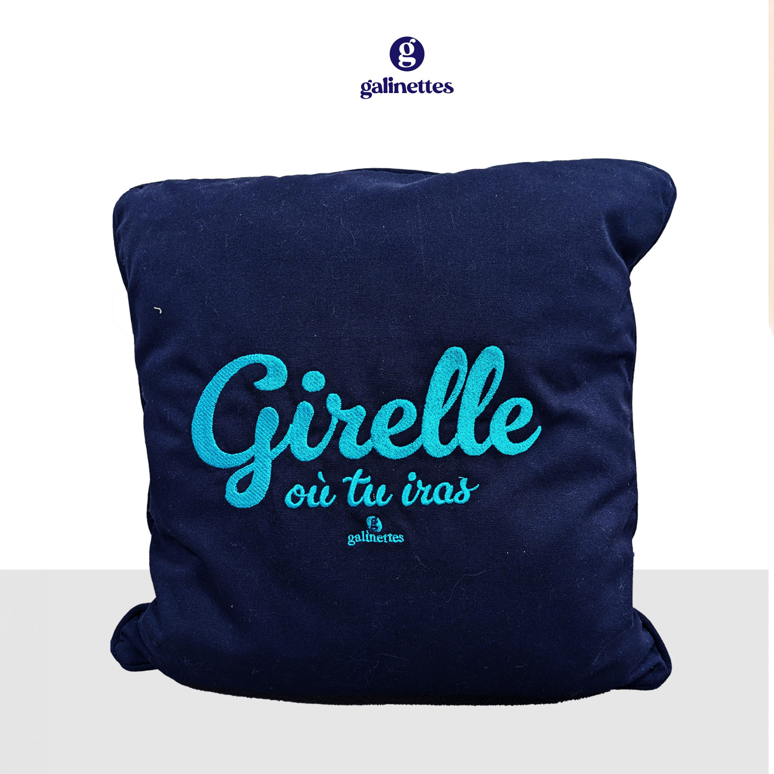 Housse de coussin brodée fluo Girelle où tu iras