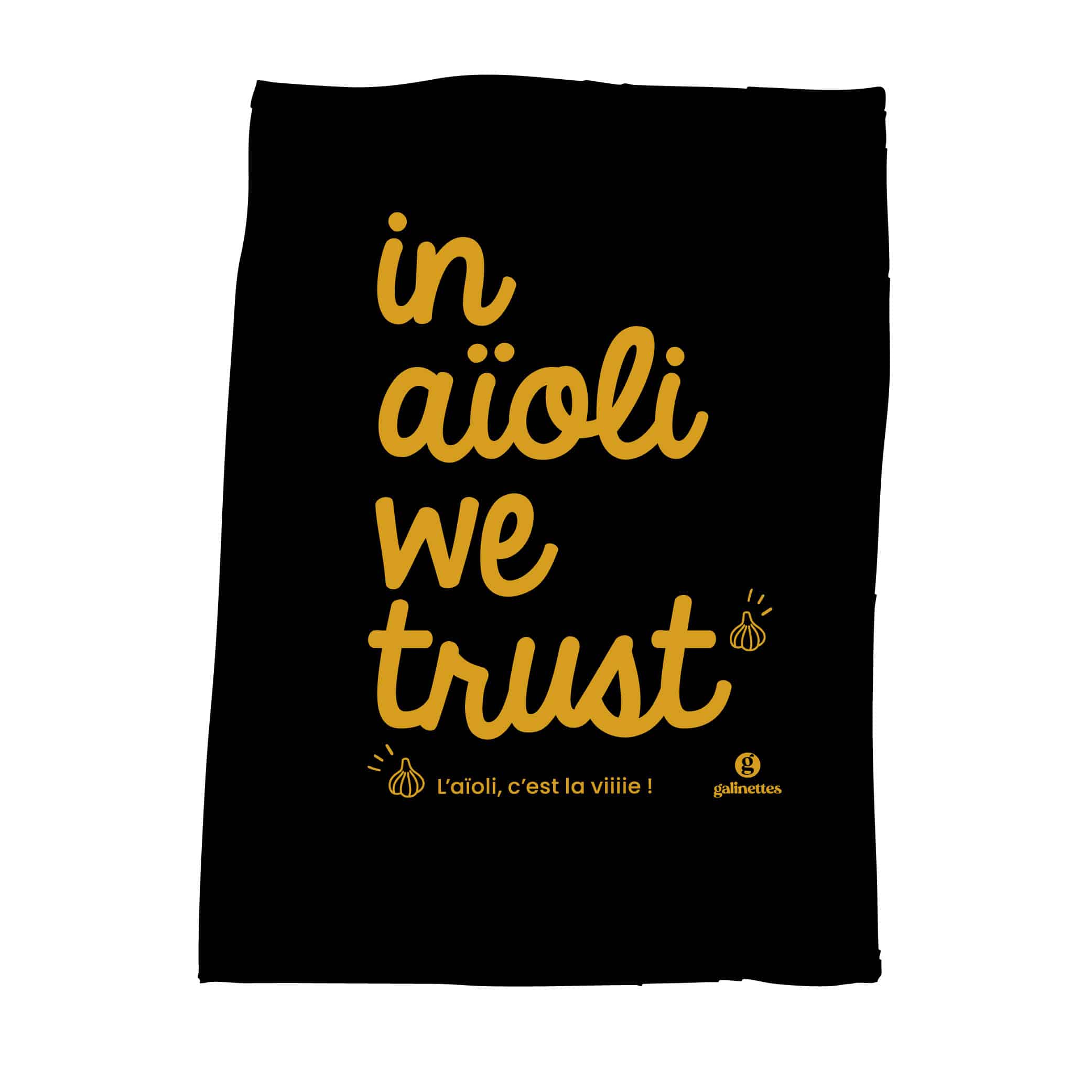 Torchon noir et or « In Aïoli We Trust » Made in Provence